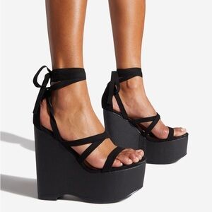 New Shoe Dazzle Kajsa High Platform Black Wedge Sandal with Ankle Ties